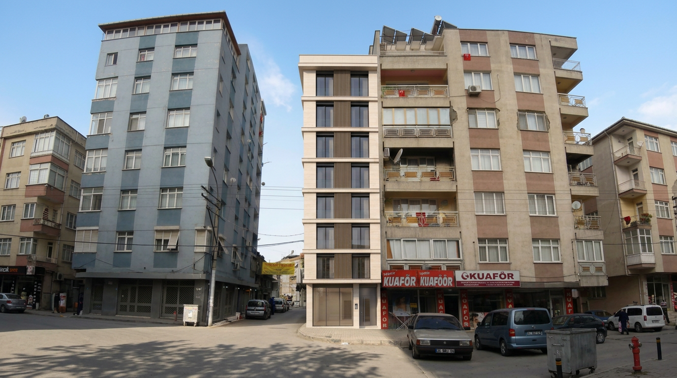 Komşu yapıyla aynı çatı hizasında, balkonsuz zemin artı yedi katlı bina önerisi